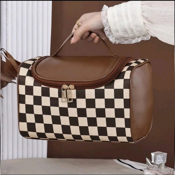 Boutique Handbags - Brown Damier Luxury Designer Style Cosmetic/Makeup/Travel Bag/Case Vegan Leather